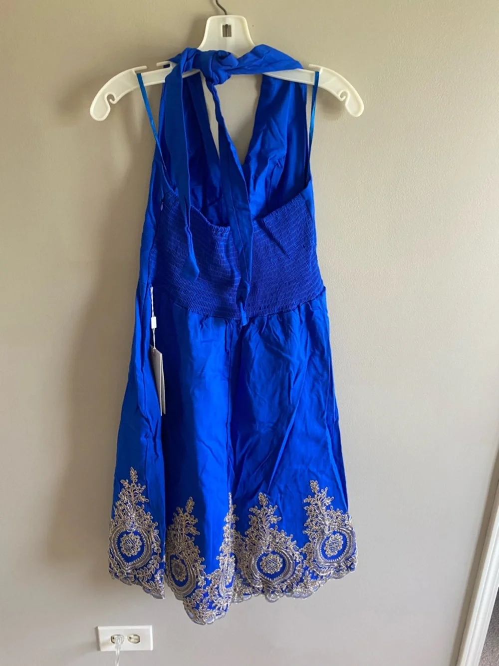 Deep Blue Halter Midi Dress with Gold Embroidered Hem - Picture 9 of 11